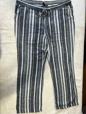 Ellen Tracey Black, Grey & White Striped Linen Pants